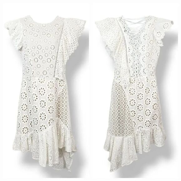 Sea New York Embroidered Eyelet Asymmetrical Lace Up Edie Dress in White Size 10 - Picture 3 of 12